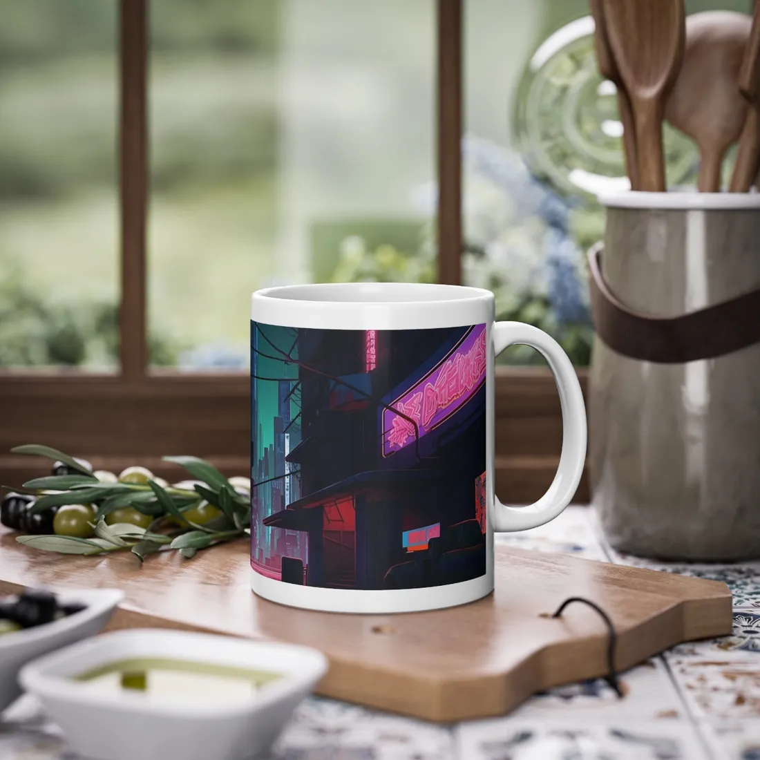 Nightfall in Neo-City: A Melancholic Cyberpunk Scene - Mug