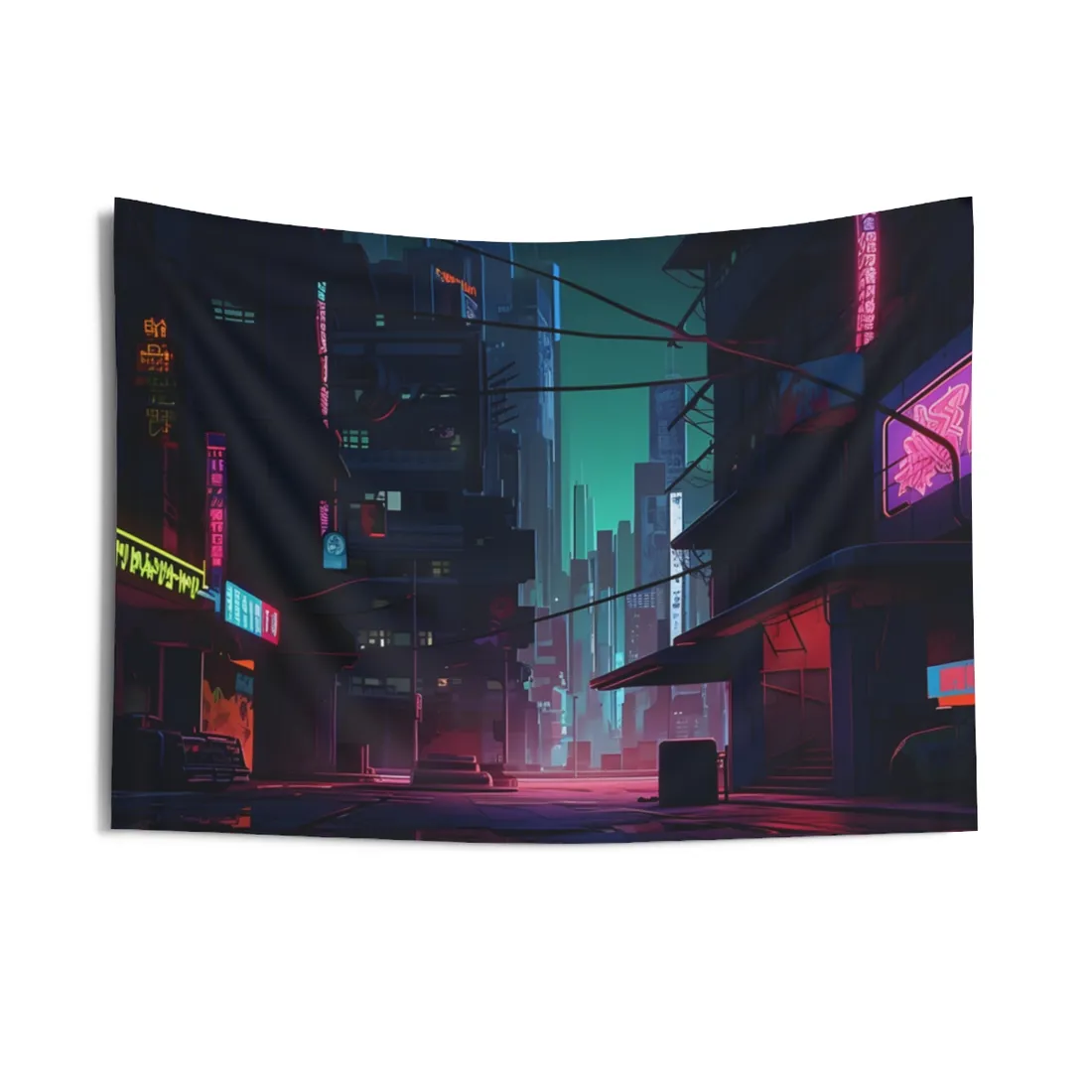 Nightfall in Neo-City: A Melancholic Cyberpunk Scene - Wall Tapestry