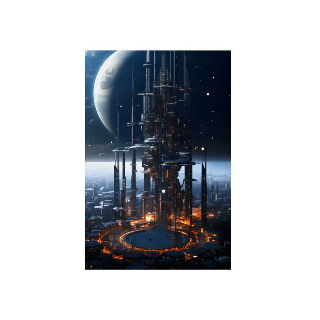 Nocturnal Sci-Fi Skyline: Industrial Towers Under a Giant Moon - Metal Poster