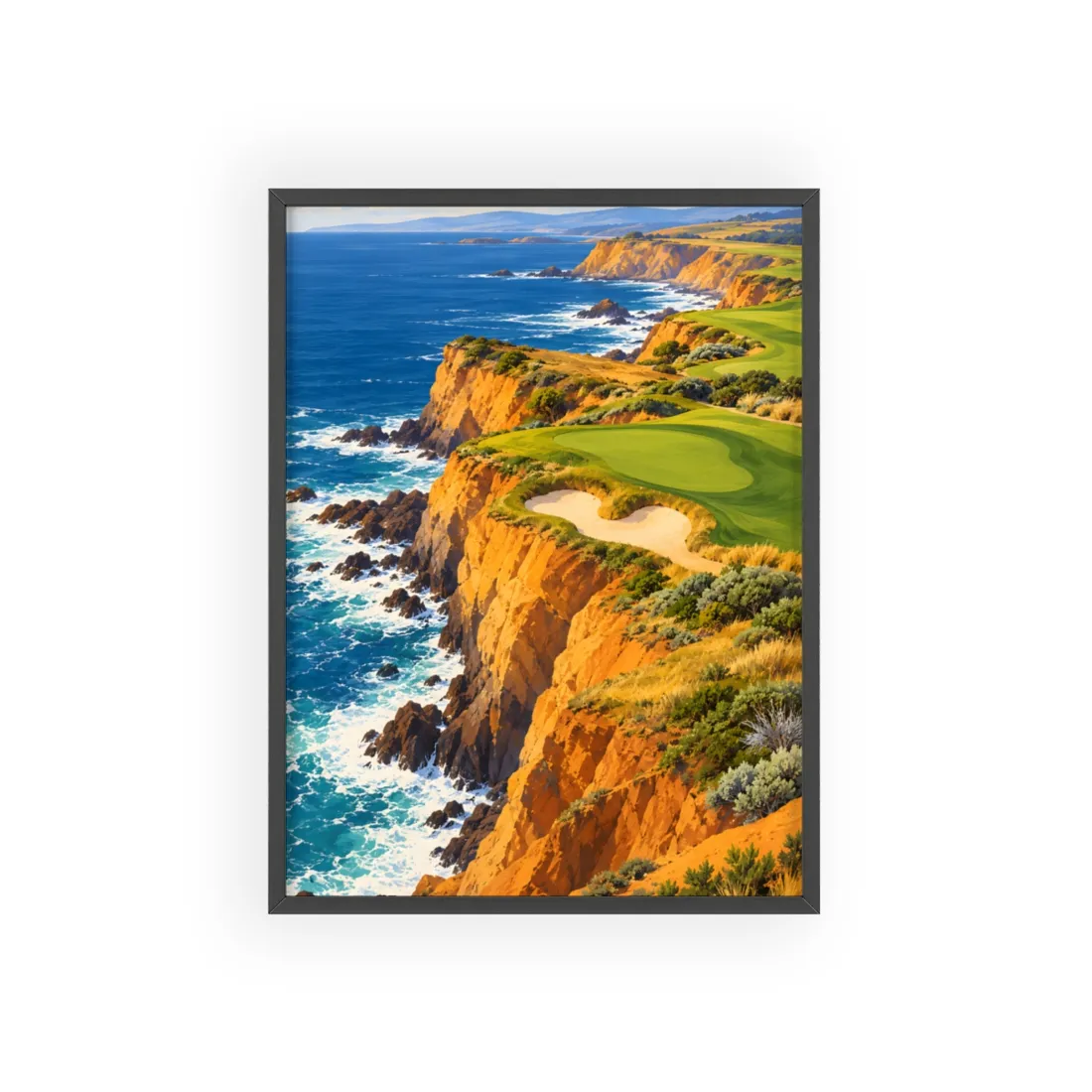 Painted coastal cliffs above blue surf, with a green golf fairway and sand bunker – Framed Poster, view 1