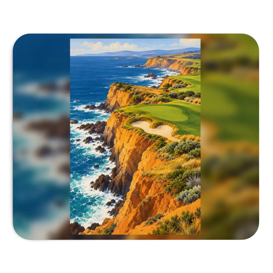 Painted coastal cliffs above blue surf, with a green golf fairway and sand bunker – Mouse Pad, view 1