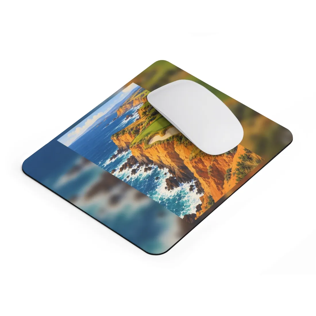 Painted coastal cliffs above blue surf, with a green golf fairway and sand bunker – Mouse Pad, view 2