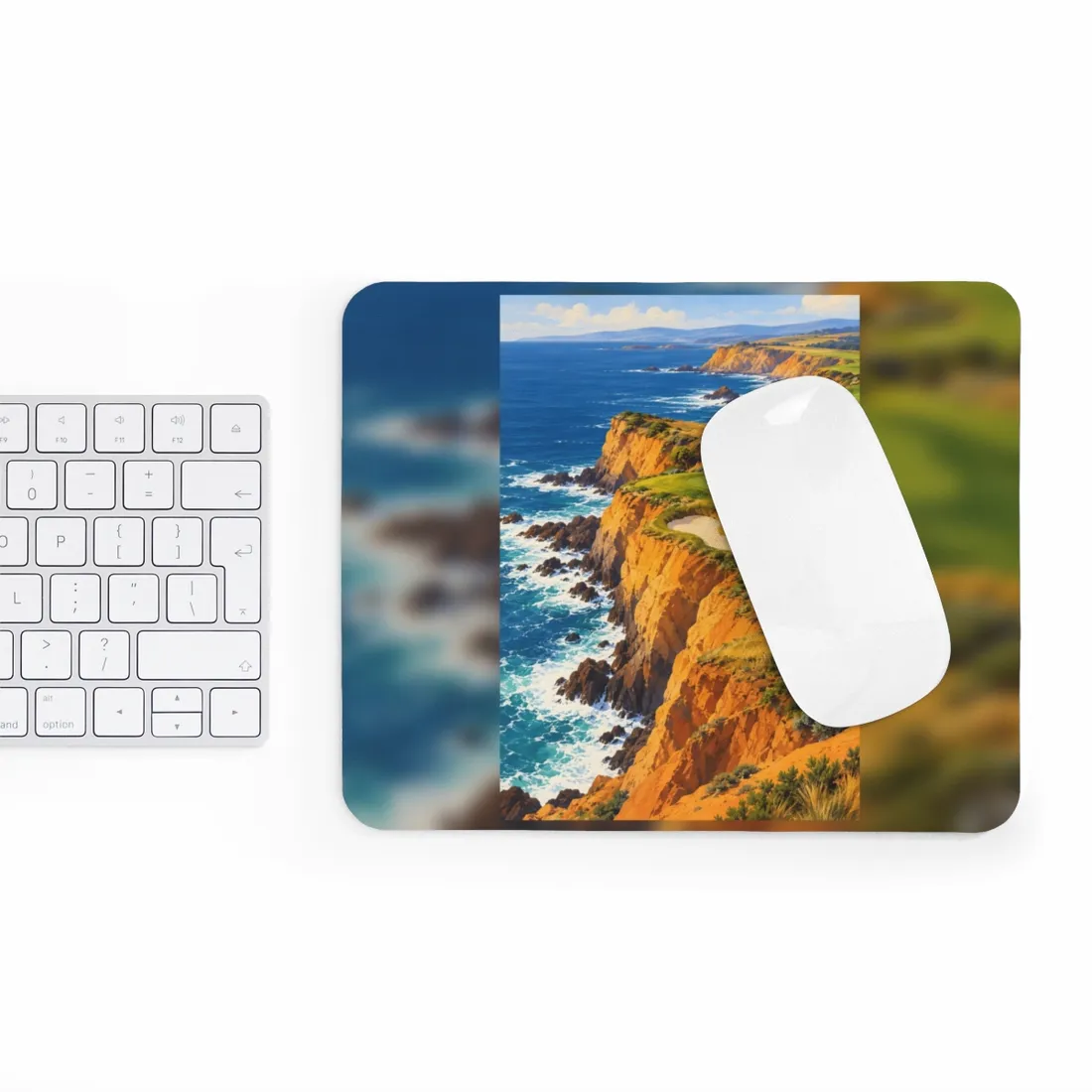 Painted coastal cliffs above blue surf, with a green golf fairway and sand bunker – Mouse Pad, view 3