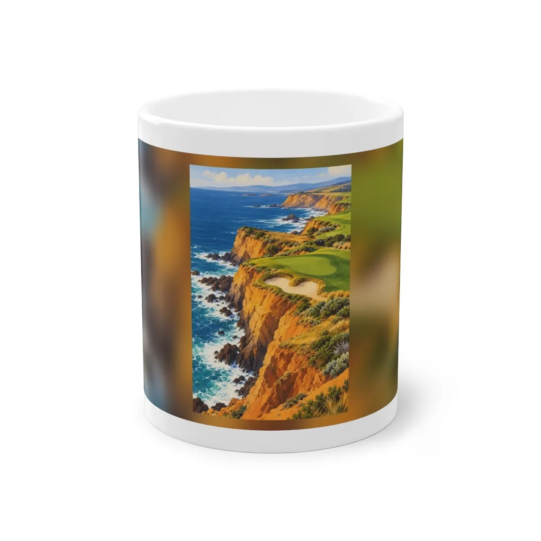 Painted coastal cliffs above blue surf, with a green golf fairway and sand bunker – Mug, view 1