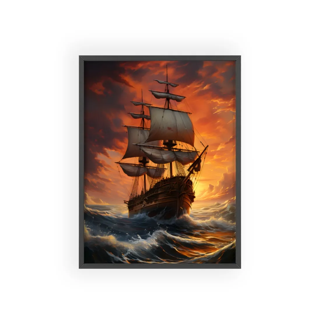 Oil Painting of Magnificent Ship in Tempest: Dramatic Sea Scene - Framed Poster