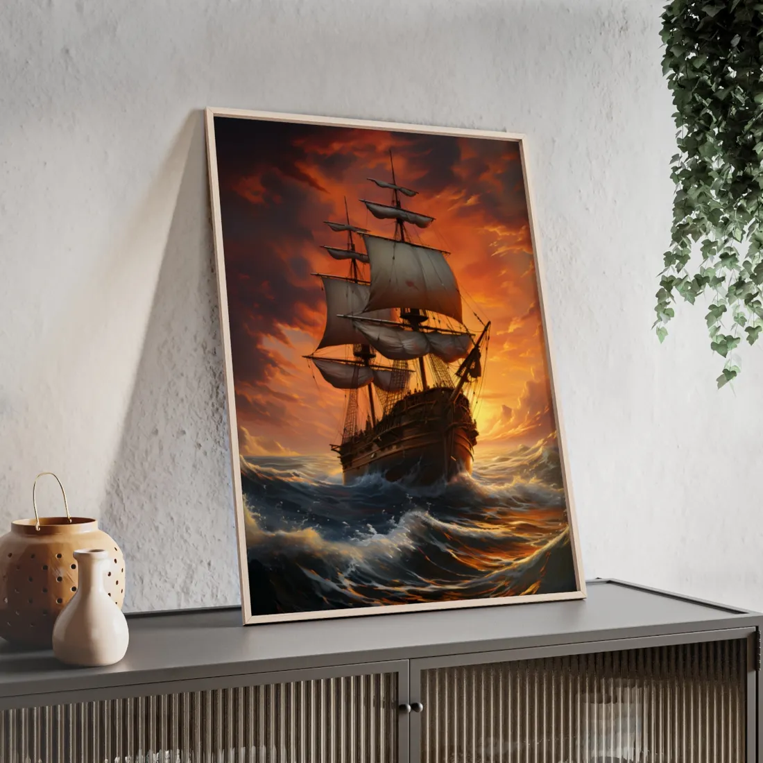 Oil Painting of Magnificent Ship in Tempest: Dramatic Sea Scene - Framed Poster