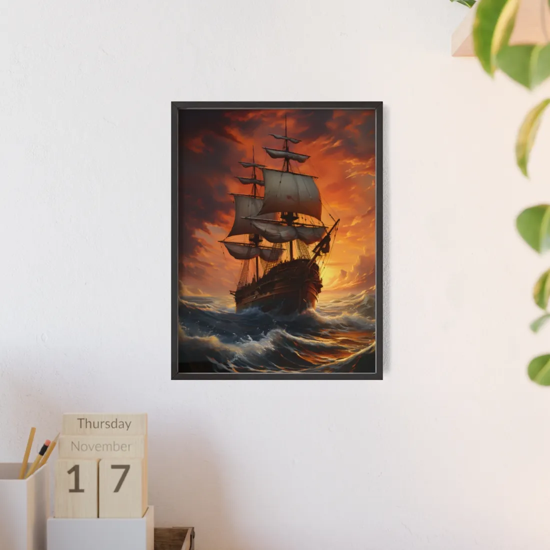 Oil Painting of Magnificent Ship in Tempest: Dramatic Sea Scene - Framed Poster