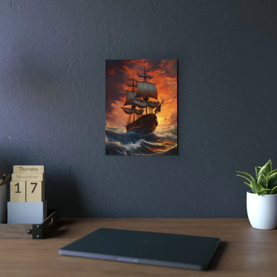 Oil Painting of Magnificent Ship in Tempest: Dramatic Sea Scene - Metal Poster