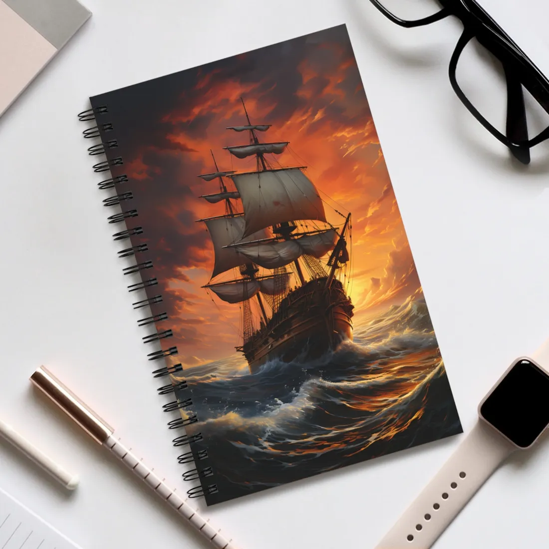 Oil Painting of Magnificent Ship in Tempest: Dramatic Sea Scene - Spiral Notebook