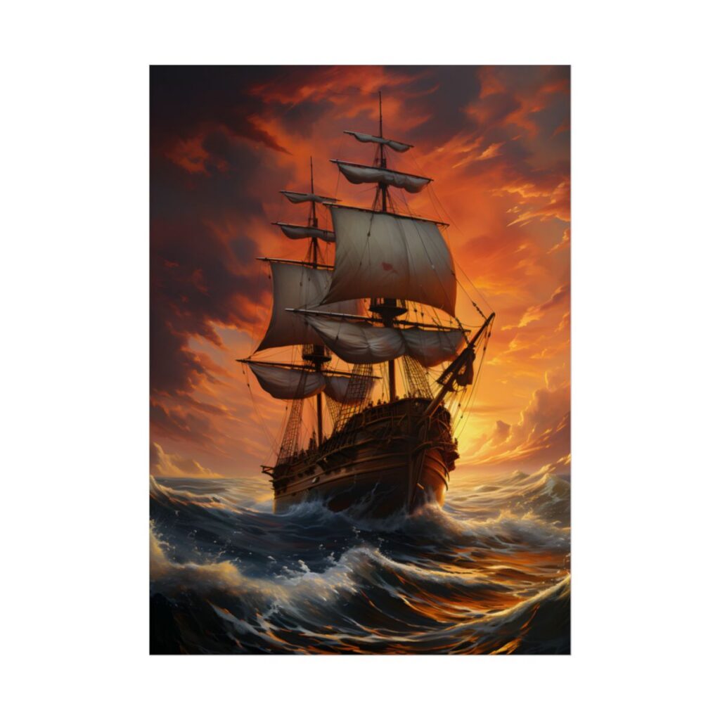 Oil Painting of Magnificent Ship in Tempest: Dramatic Sea Scene - Poster