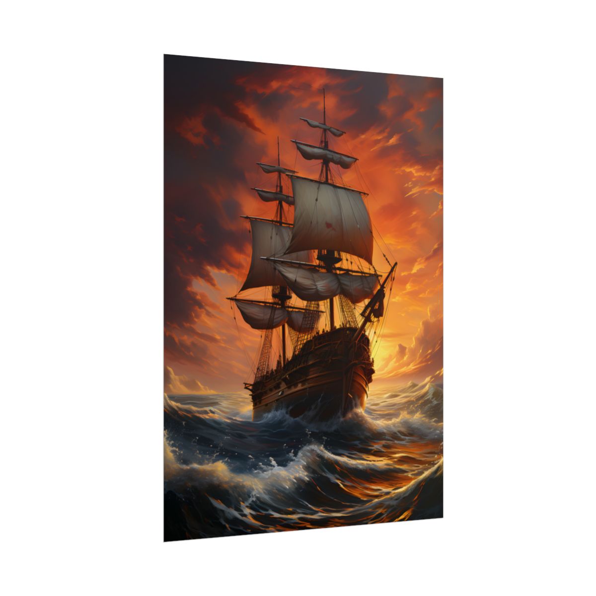 Oil Painting of Magnificent Ship in Tempest: Dramatic Sea Scene - Poster