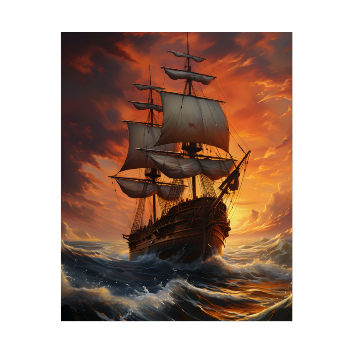 Oil Painting of Magnificent Ship in Tempest: Dramatic Sea Scene - Poster