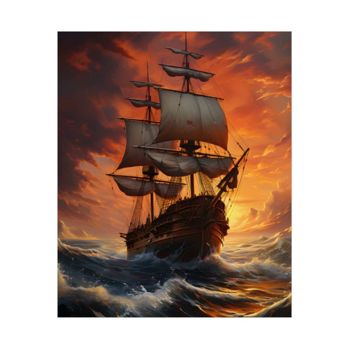Oil Painting of Magnificent Ship in Tempest: Dramatic Sea Scene - Poster