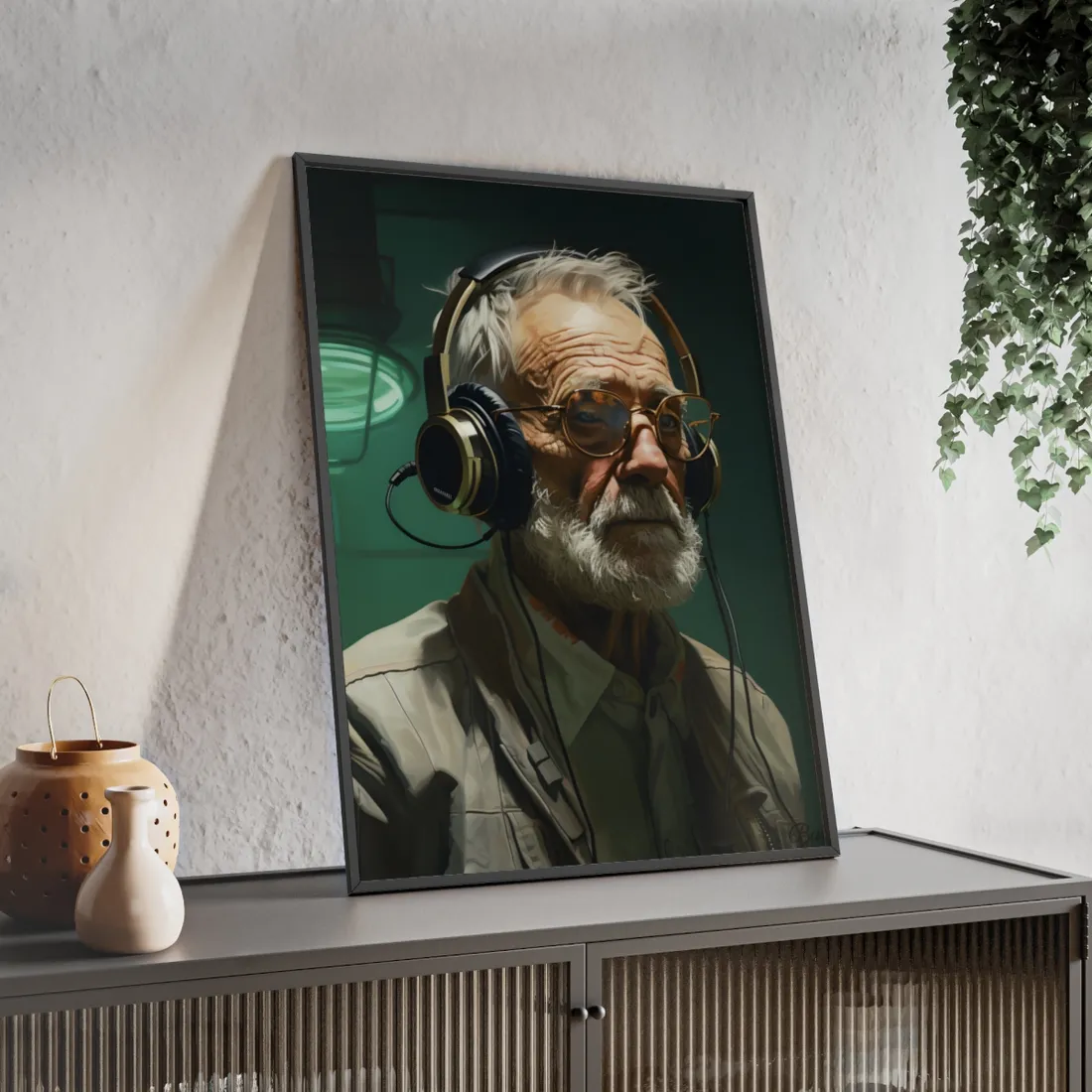 Old Man Connected: Sci-Fi Headset Experiment Digital Art - Framed Poster