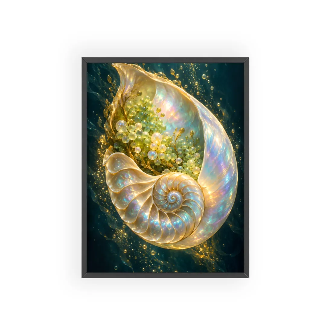 Glowing pearlescent spiral shell filled with yellow-green bubbles and gold sparkles against a dark te – Framed Poster, view 1