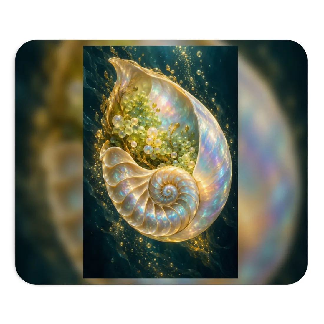 Glowing pearlescent spiral shell filled with yellow-green bubbles and gold sparkles against a dark teal u – Mouse Pad, view 1