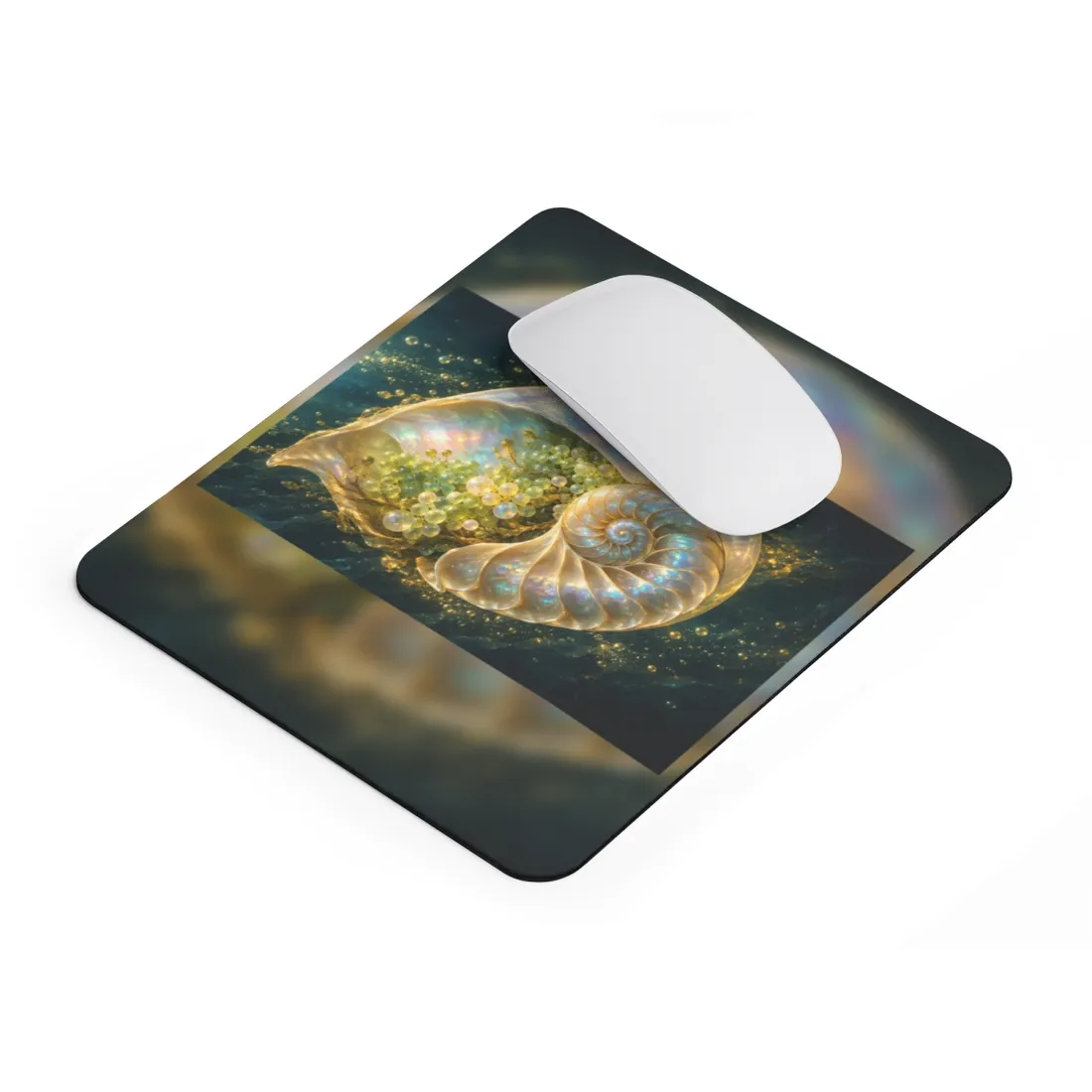 Glowing pearlescent spiral shell filled with yellow-green bubbles and gold sparkles against a dark teal u – Mouse Pad, view 2