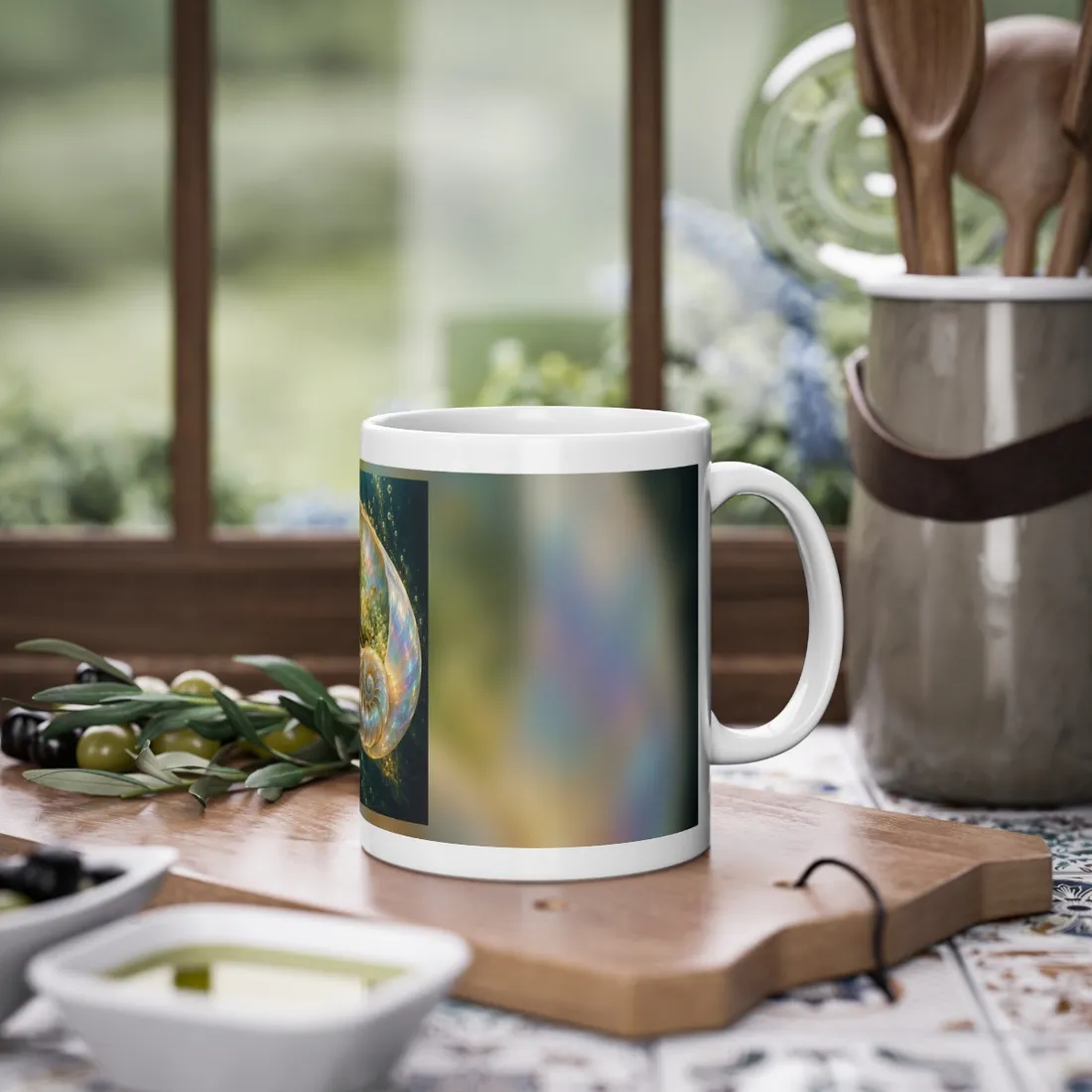 Glowing pearlescent spiral shell filled with yellow-green bubbles and gold sparkles against a dark teal underwa – Mug, view 2