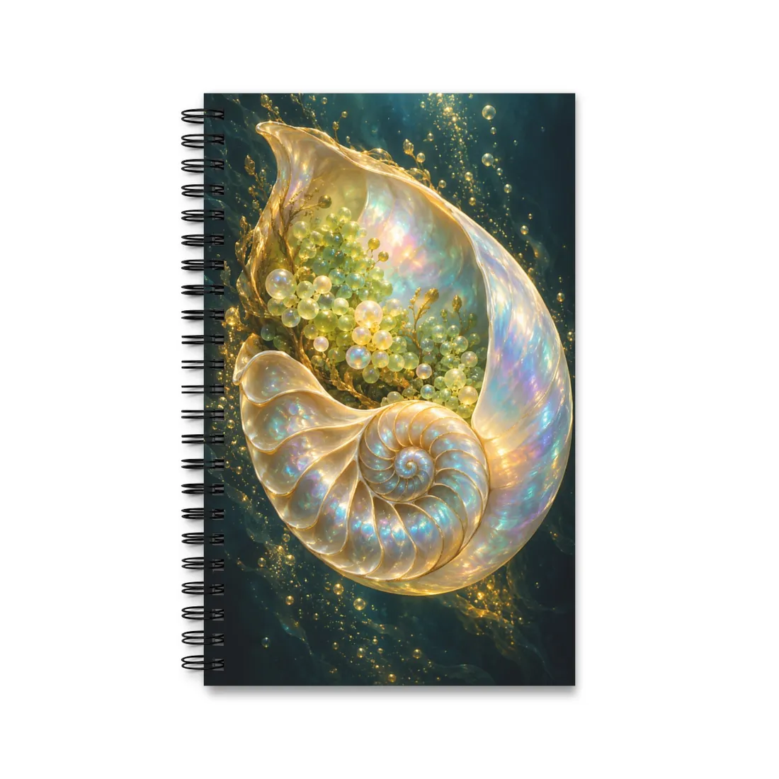 Glowing pearlescent spiral shell filled with yellow-green bubbles and gold sparkles against a dark – Spiral Notebook, view 1
