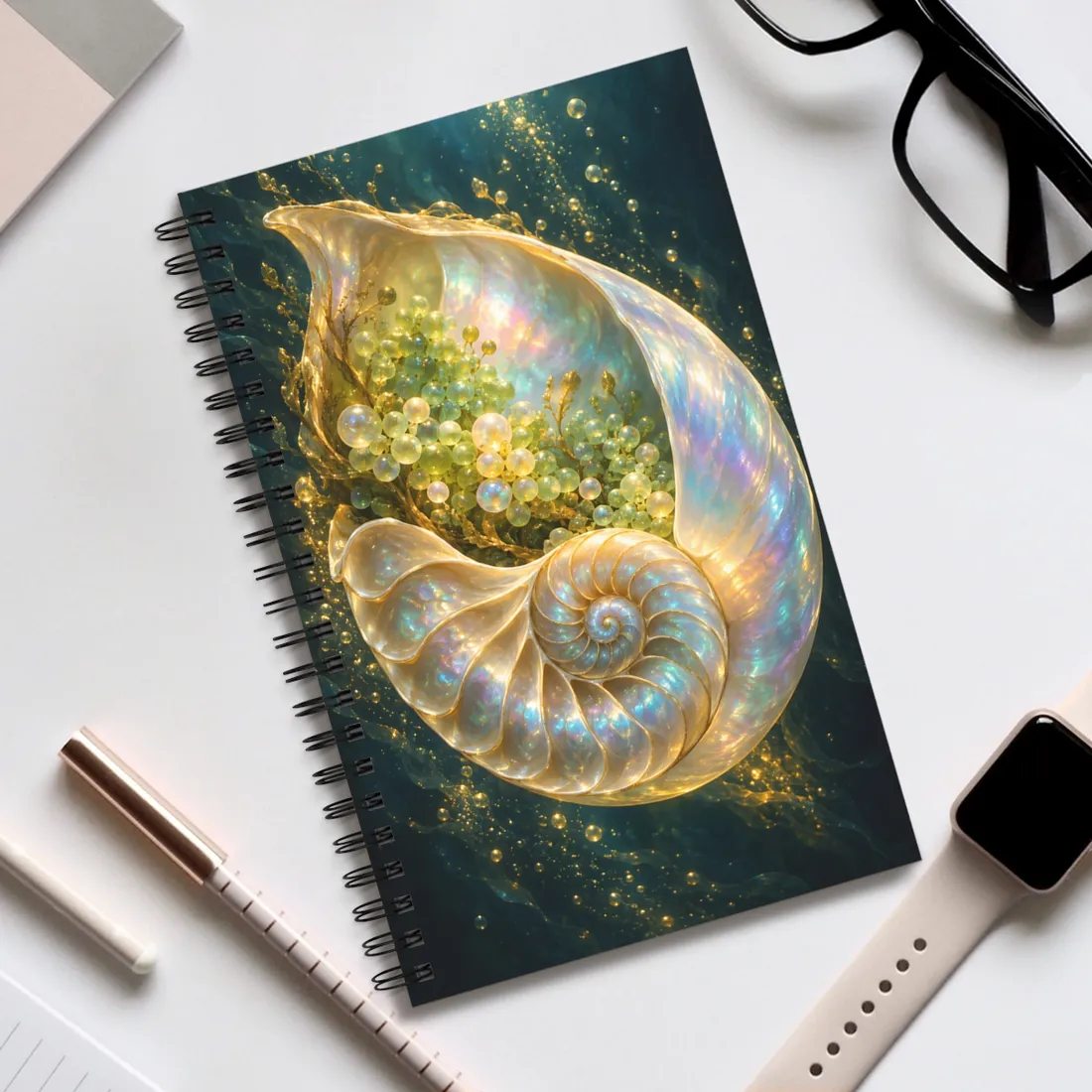 Glowing pearlescent spiral shell filled with yellow-green bubbles and gold sparkles against a dark – Spiral Notebook, view 2