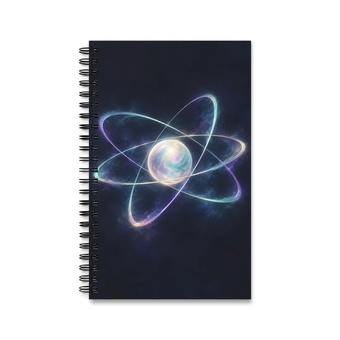A glowing pearlescent sphere surrounded by crossing luminous orbital rings on a dark navy starry ba – Spiral Notebook, view 1