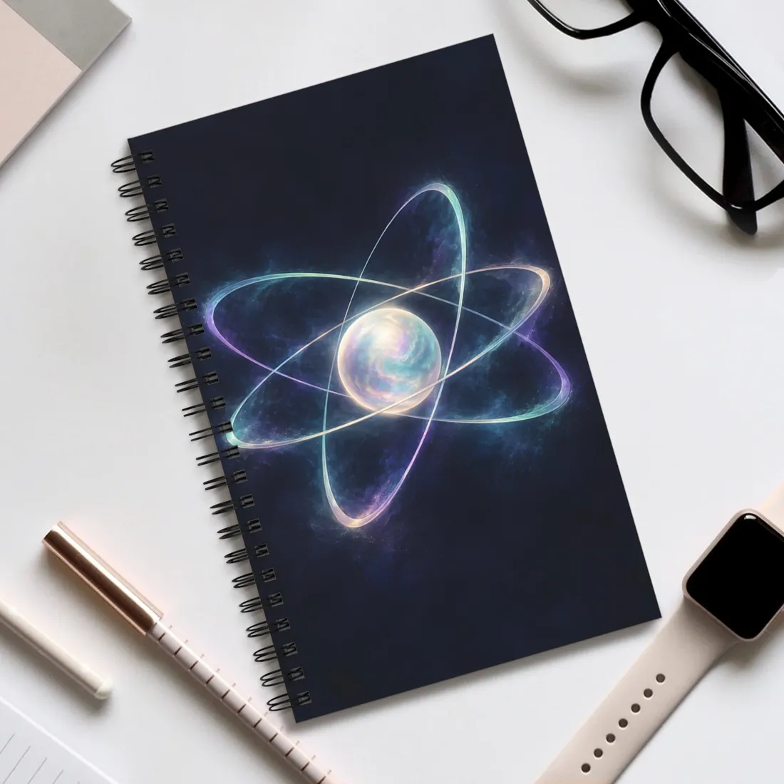 A glowing pearlescent sphere surrounded by crossing luminous orbital rings on a dark navy starry ba – Spiral Notebook, view 2