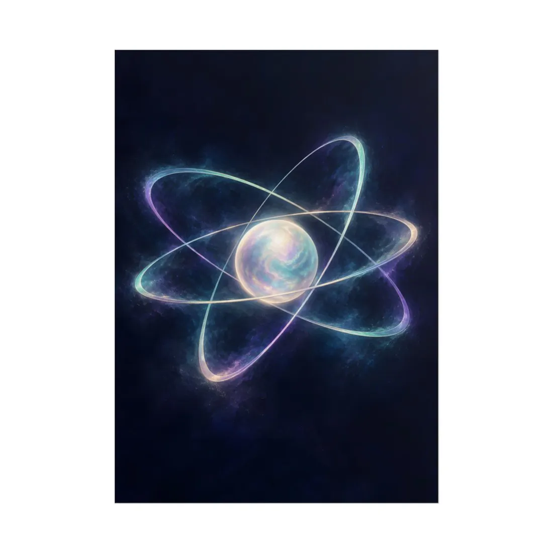 A glowing pearlescent sphere surrounded by crossing luminous orbital rings on a dark navy starry background – Poster, view 1