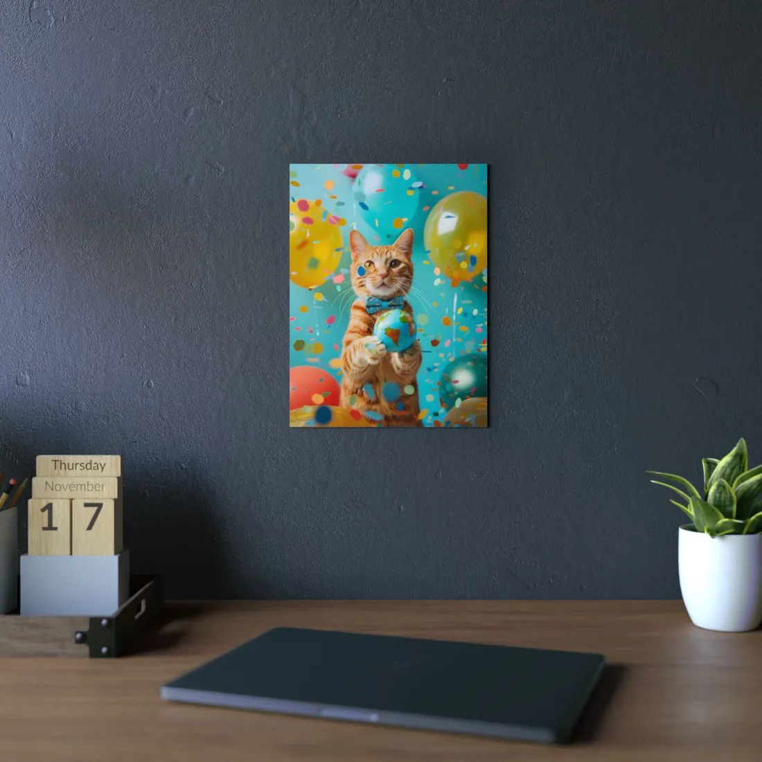 Orange Tabby Cat in Bow Tie: Playful Globe Portrait - Metal Poster