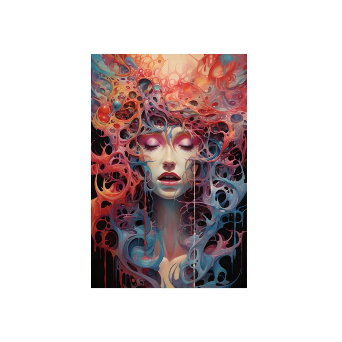 Organic Growth Portrait: Surreal Face with Red and Blue Tendrils - Metal Poster