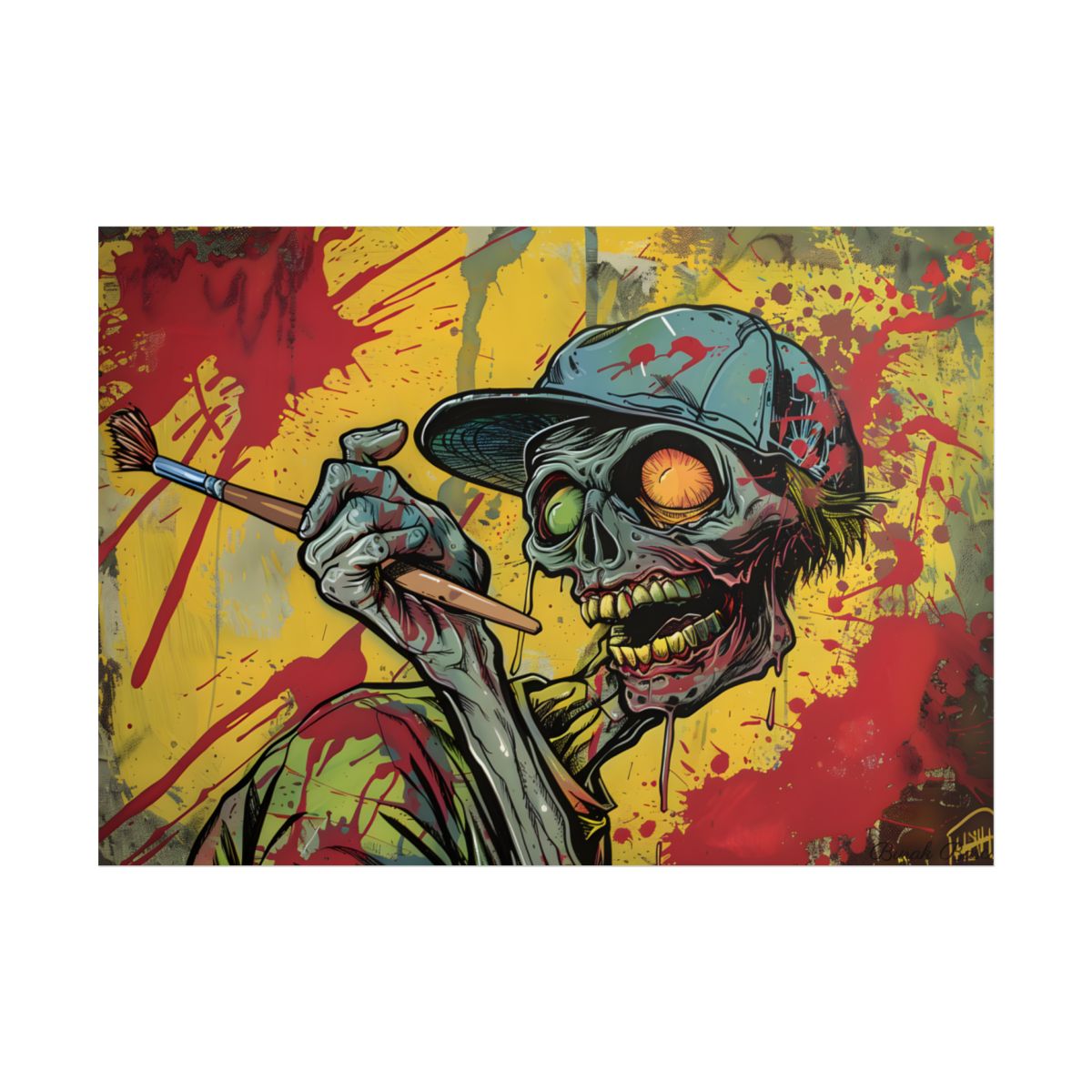 Original Zombie Painter with Paintbrush: Dark Artwork - Poster