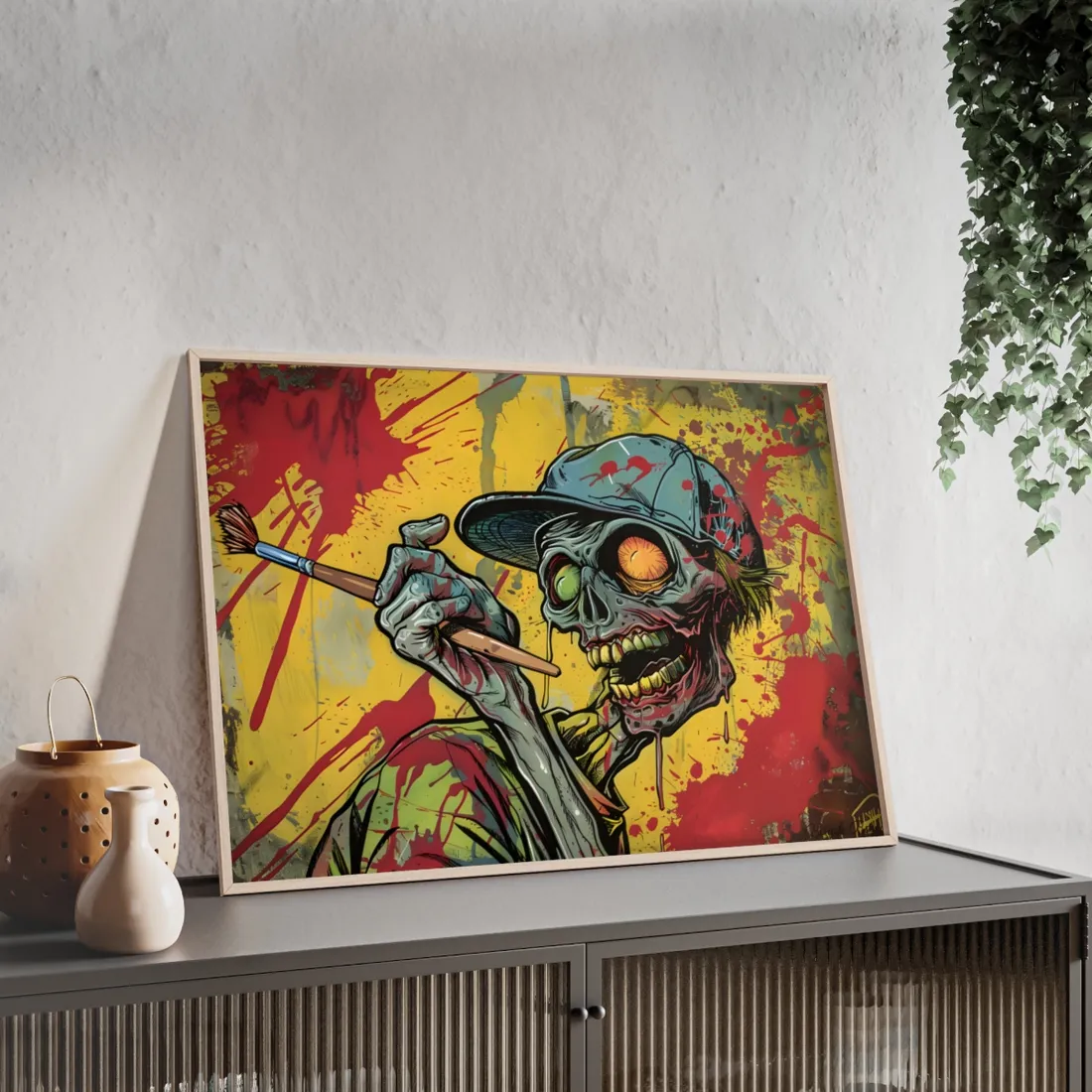 Original Zombie Painter with Paintbrush: Dark - Framed Poster