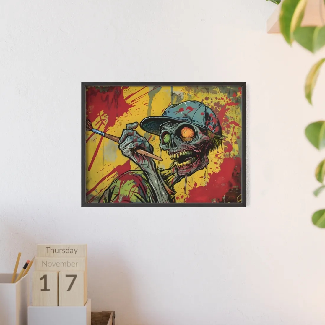Original Zombie Painter with Paintbrush: Dark - Framed Poster