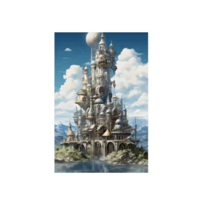 White Fantasy Castle over Water Metal Poster