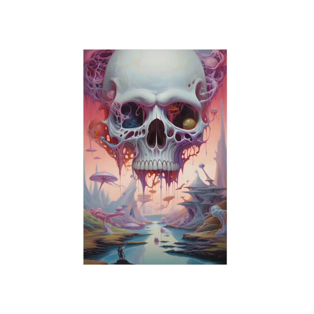 Surreal portrait-format painting of a giant melting skull above a pastel alien valley with a winding – Metal Poster, view 1
