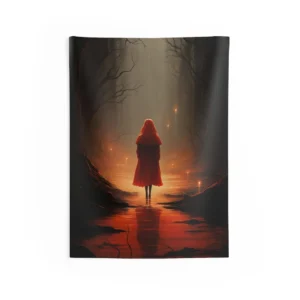 Red Hooded Figure in Forest Wall Tapestry