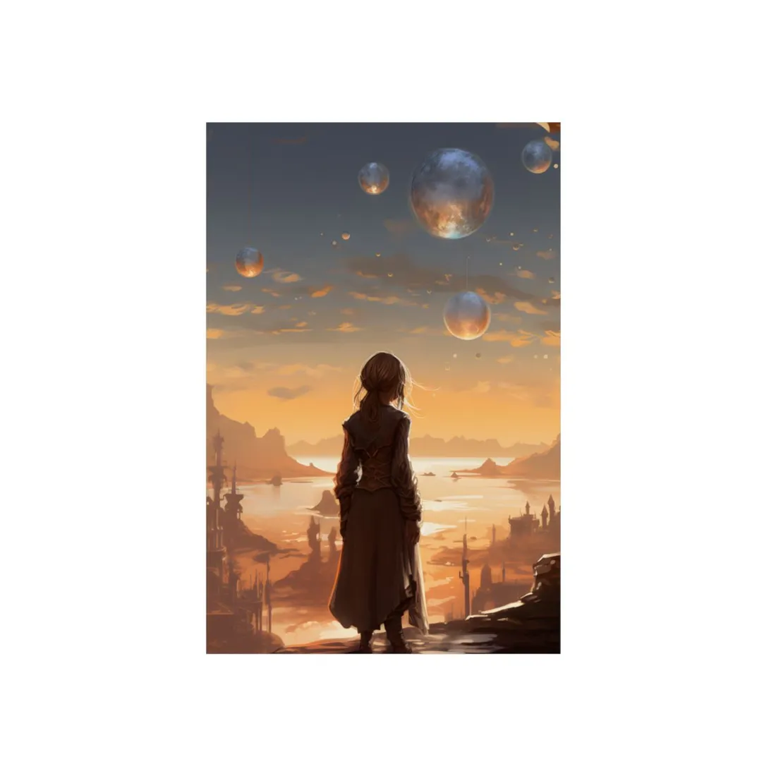 Figure in a brown coat gazes at floating moons over a golden, distant landscape – Metal Poster, view 1