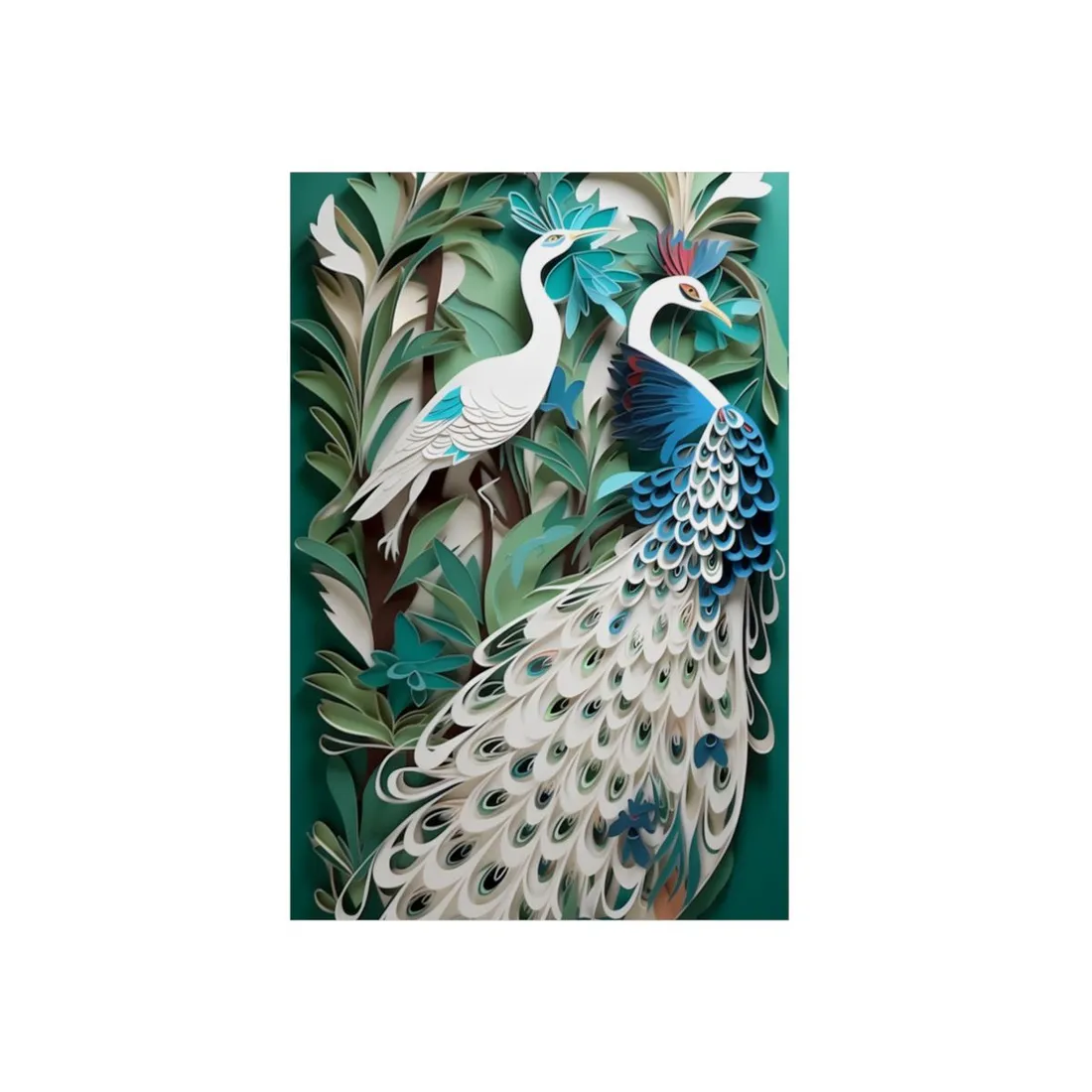 Paper-cut art of two white birds, one peacock, among teal and green leaves – Metal Poster, view 1