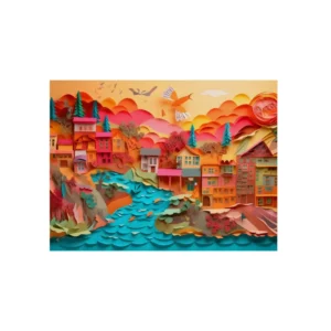 Colorful Paper Village by River Metal Poster