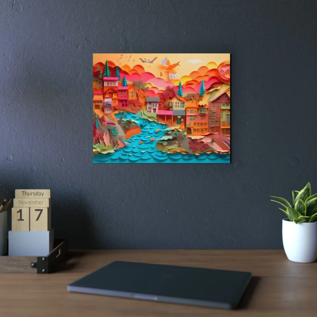 Paper-Cut Riverside Village: Warm Sunset Landscape - Metal Poster