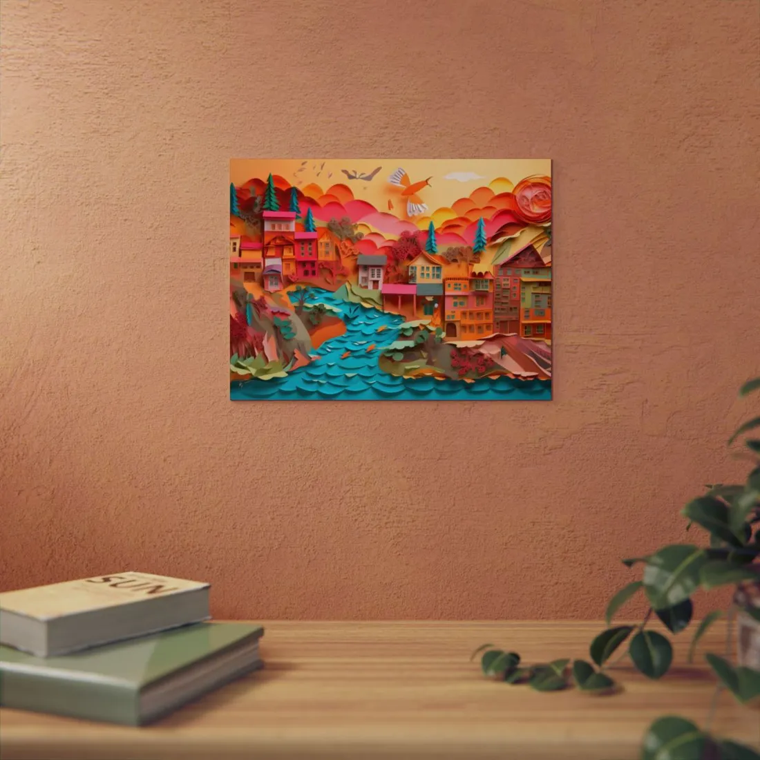 Paper-Cut Riverside Village: Warm Sunset Landscape - Metal Poster