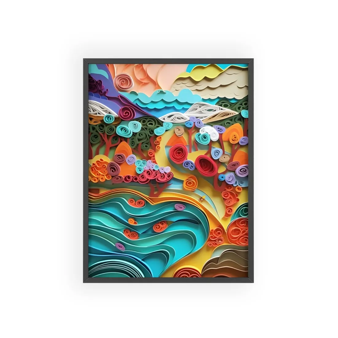 Paper Quilled Beach Bliss: Artistic Coastal Landscape - Framed Poster