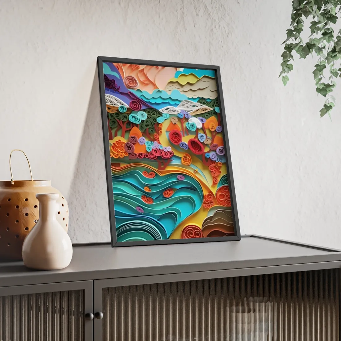 Paper Quilled Beach Bliss: Artistic Coastal Landscape - Framed Poster