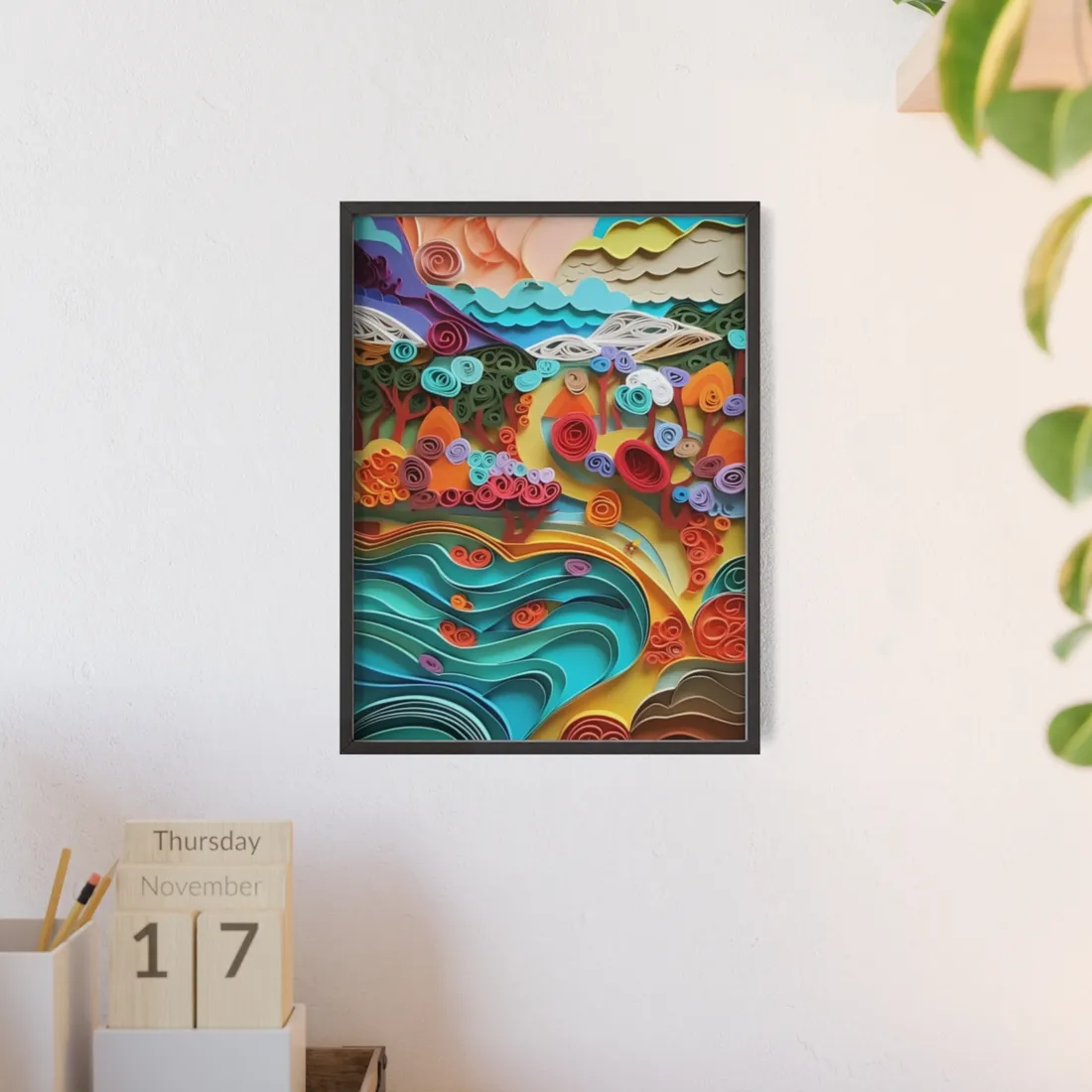 Paper Quilled Beach Bliss: Artistic Coastal Landscape - Framed Poster