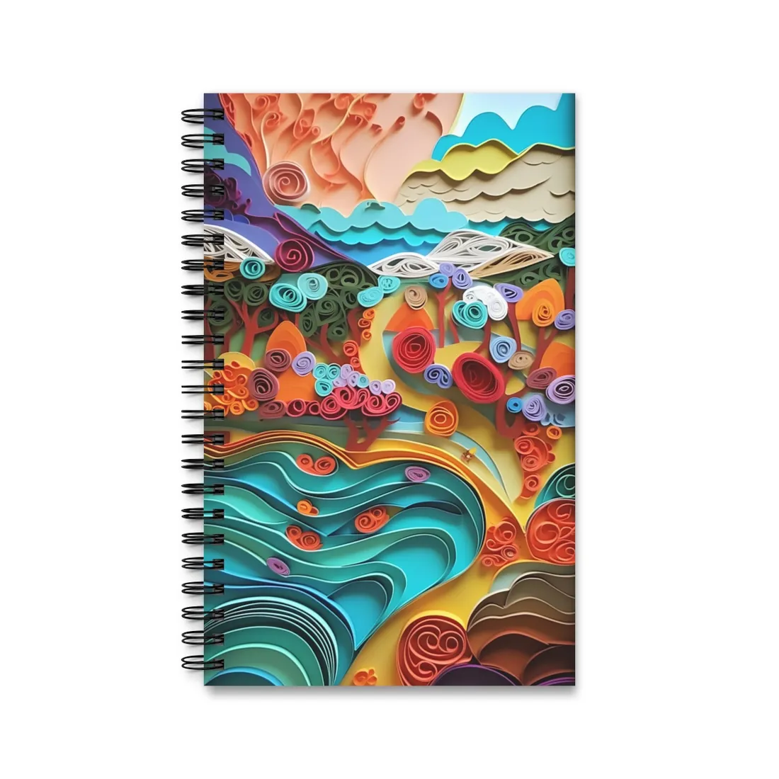 Paper Quilled Beach Bliss: Artistic Coastal Landscape - Spiral Notebook