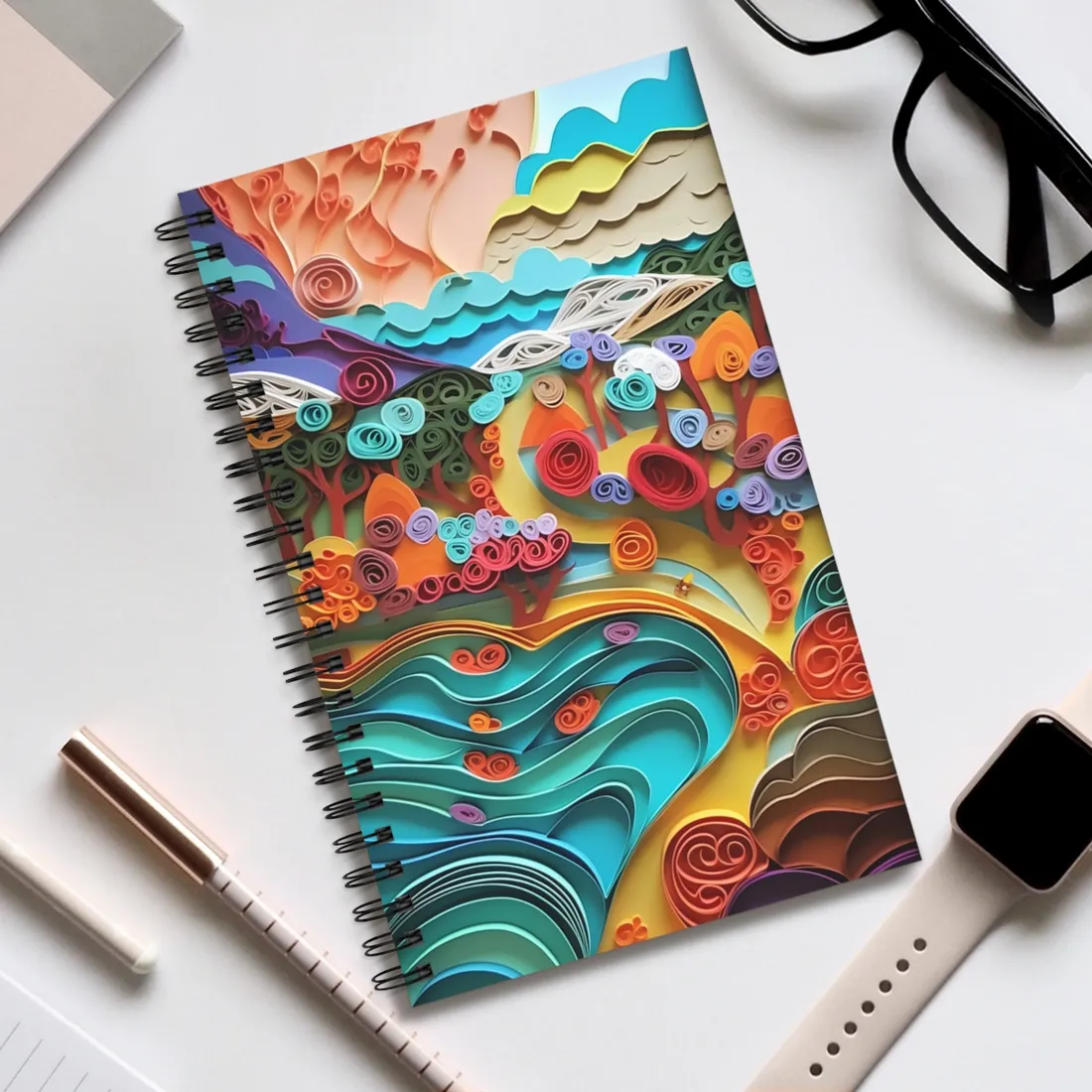 Paper Quilled Beach Bliss: Artistic Coastal Landscape - Spiral Notebook