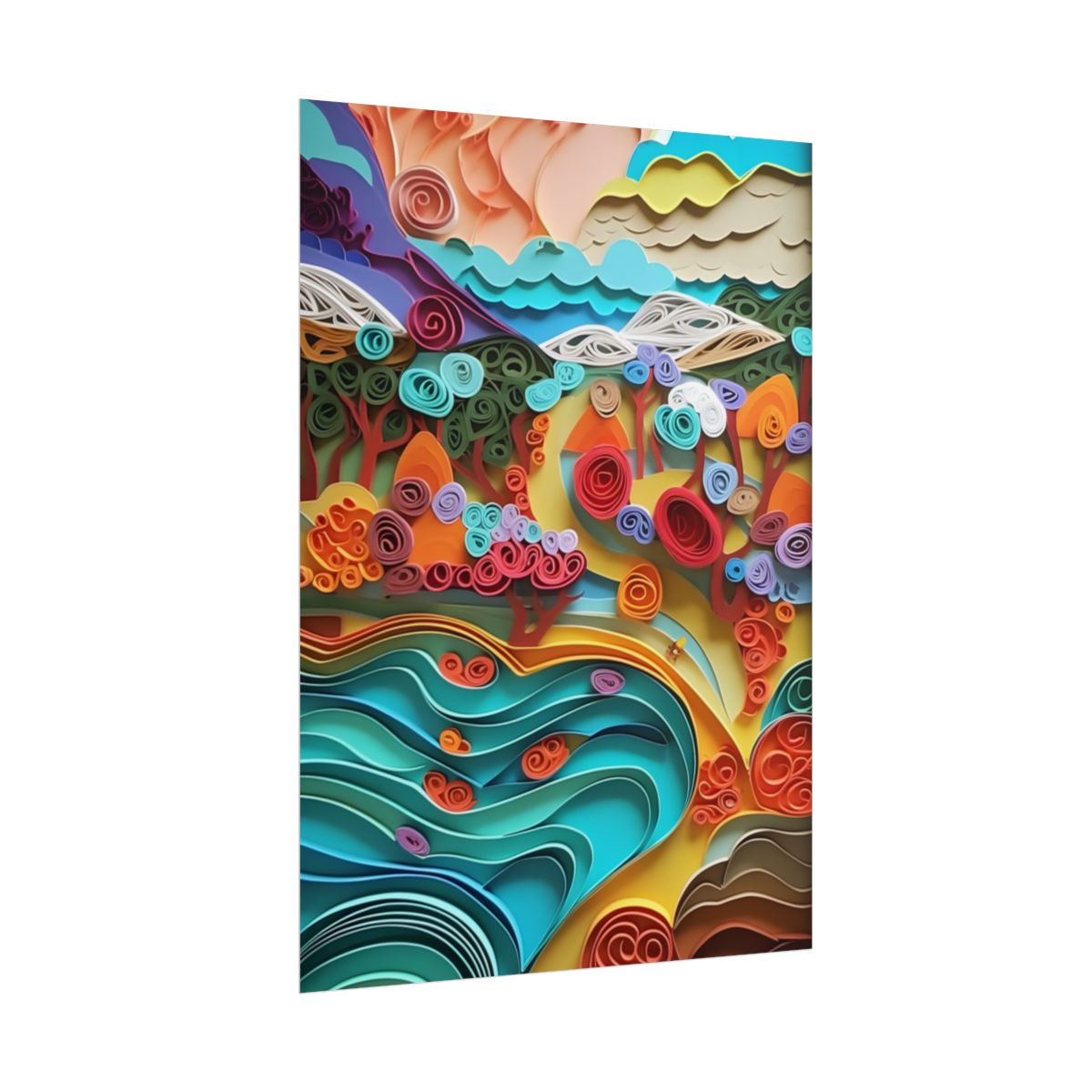 Paper Quilled Beach Bliss: Artistic Coastal Landscape - Poster