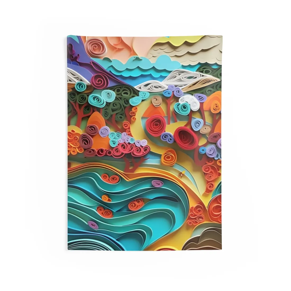 Paper Quilled Beach Bliss: Artistic Coastal Landscape - Wall Tapestry