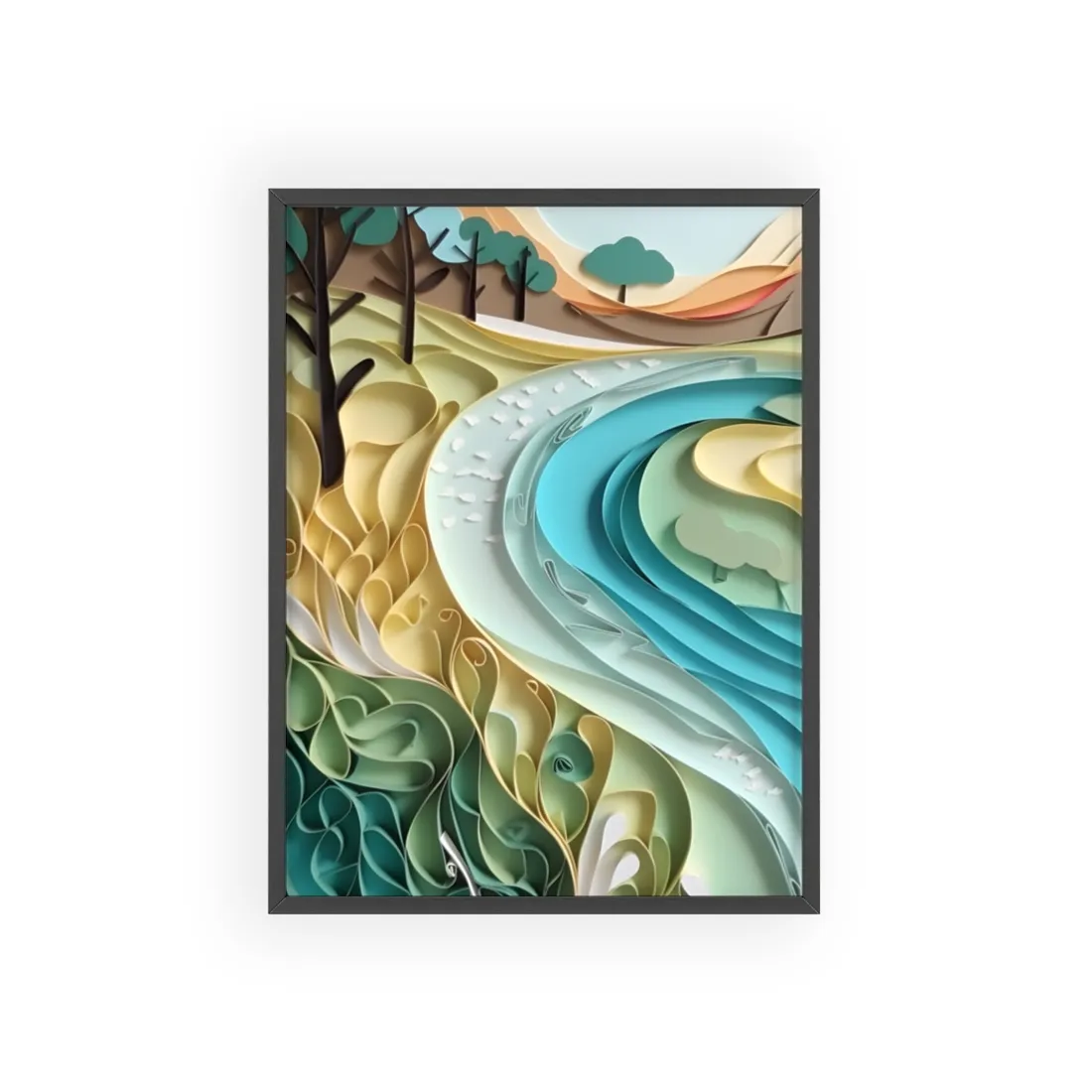 Paper Quilled Beach Bliss: Natural Colors Landscape Art - Framed Poster