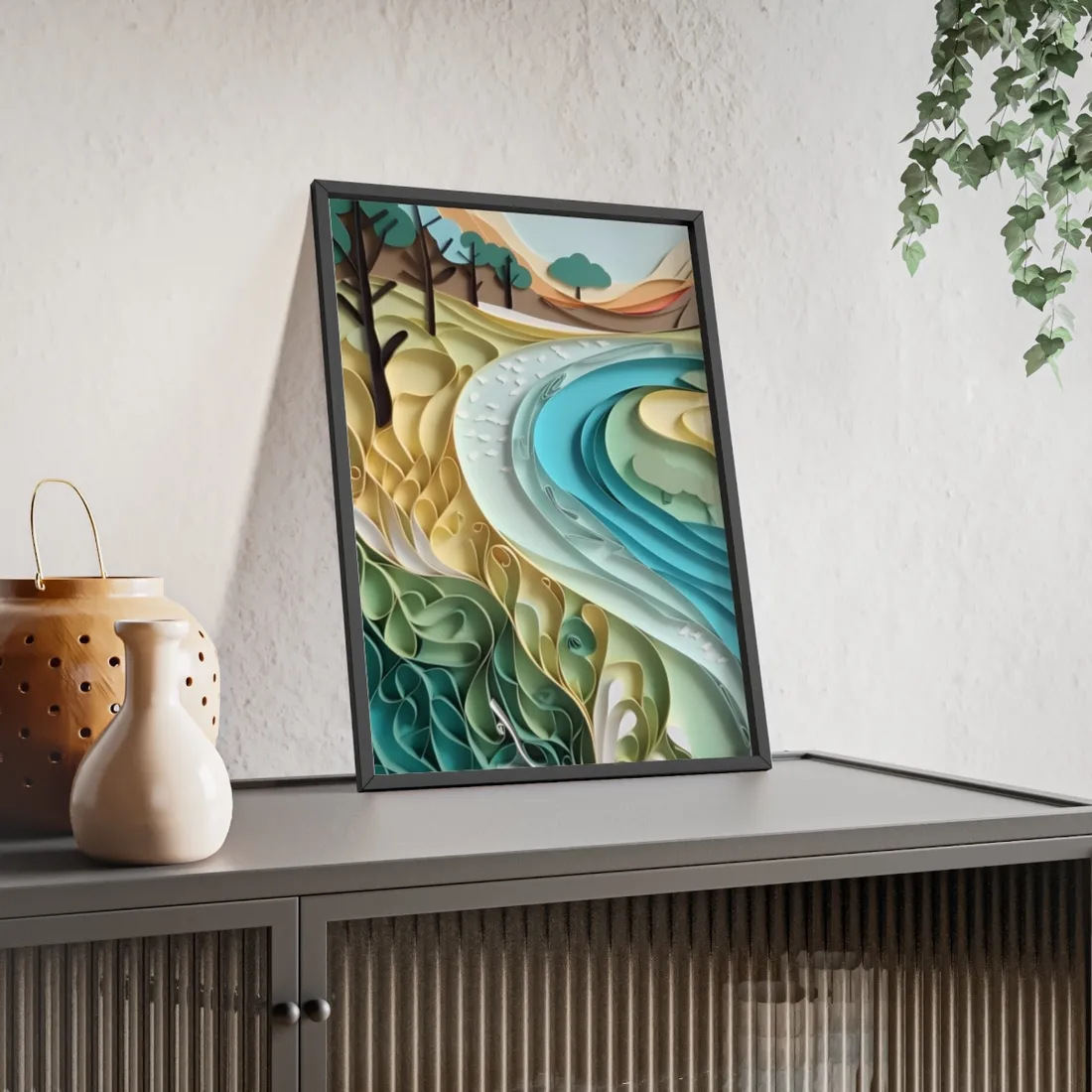 Paper Quilled Beach Bliss: Natural Colors Landscape Art - Framed Poster