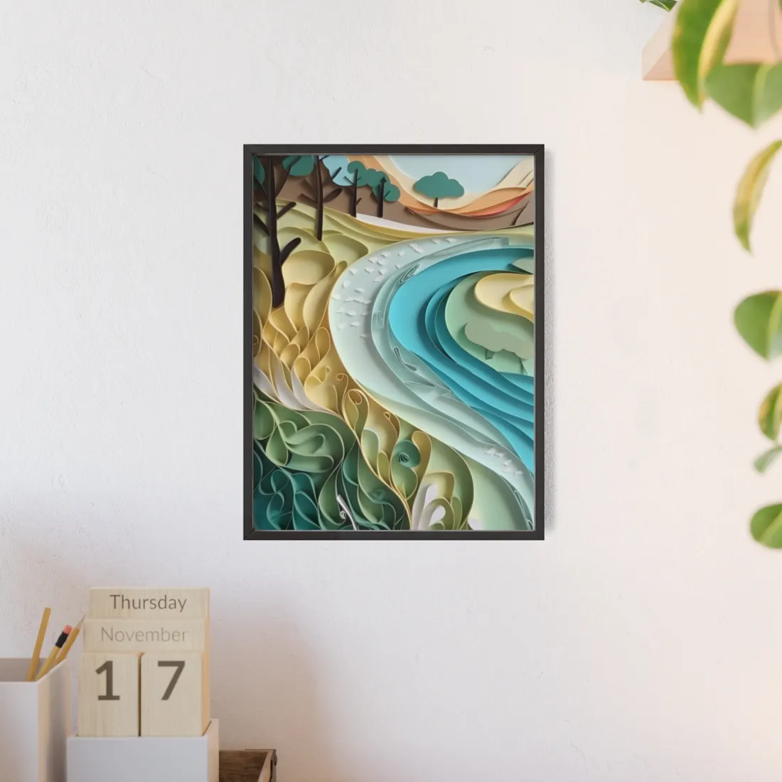 Paper Quilled Beach Bliss: Natural Colors Landscape Art - Framed Poster